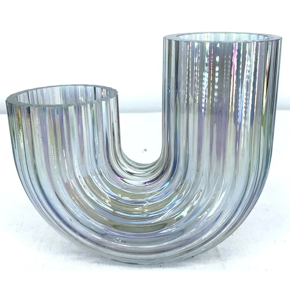 IKEA Raffelbjork Iridescent Glass Vase 4¾” J Shape Ribbed Mother-of-Pearl